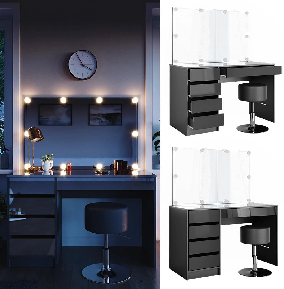 Tavolo da toeletta Sherry, Antracite, 120 cm con illuminazione a LED e sgabello, con illuminazione LED e sgabello coordinato