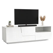 Mobile porta TV Cecia, Credenza bassa da soggiorno con 2 ante e 1 cassetto, Base porta TV, 150x44h46 cm, Bianco lucido