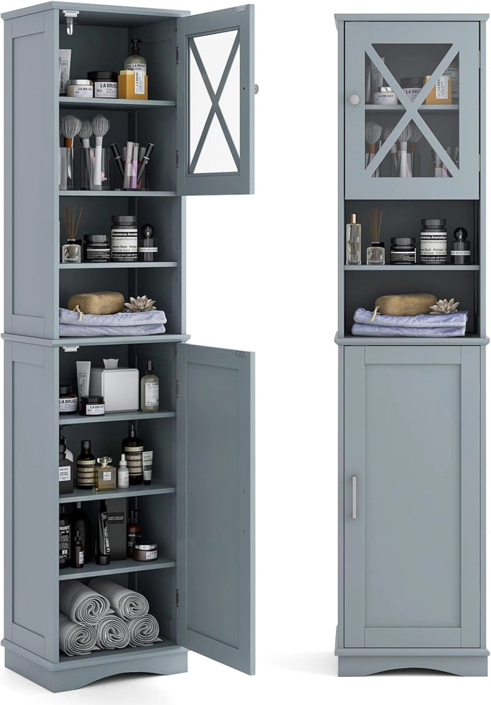 Mobile Bagno 40 x 30 x 170,5cm, Armadietto a Colonna Stretto e Alto con 5 Ripiani Regolabili e 2 Porte, Armadio da Terra in Legno per Soggiorno, Camera da Letto, Salotto e Cucina (Grigio)