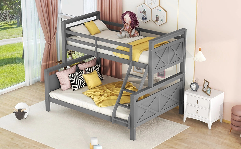 Letto a castello con scala e parapetto in pino grigio 90x200 cm