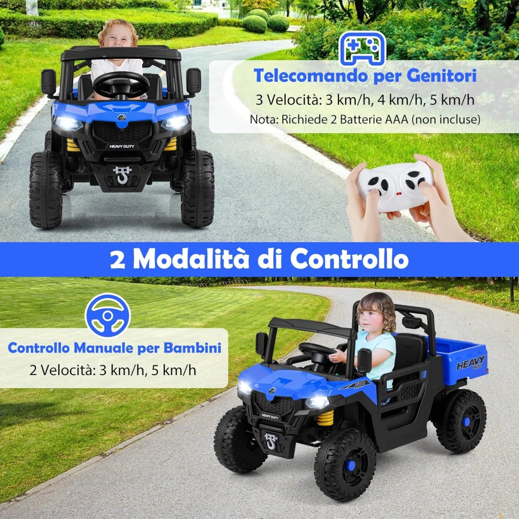 12V Macchina Elettrica per Bambini 2 Posti, Auto Elettrica con Cassone Ribaltabile, Telecomando, Musica, Storie, Luci LED e Sospensione a Molla, Giocattolo per Bambini 3-8 Anni (Blu Navy)