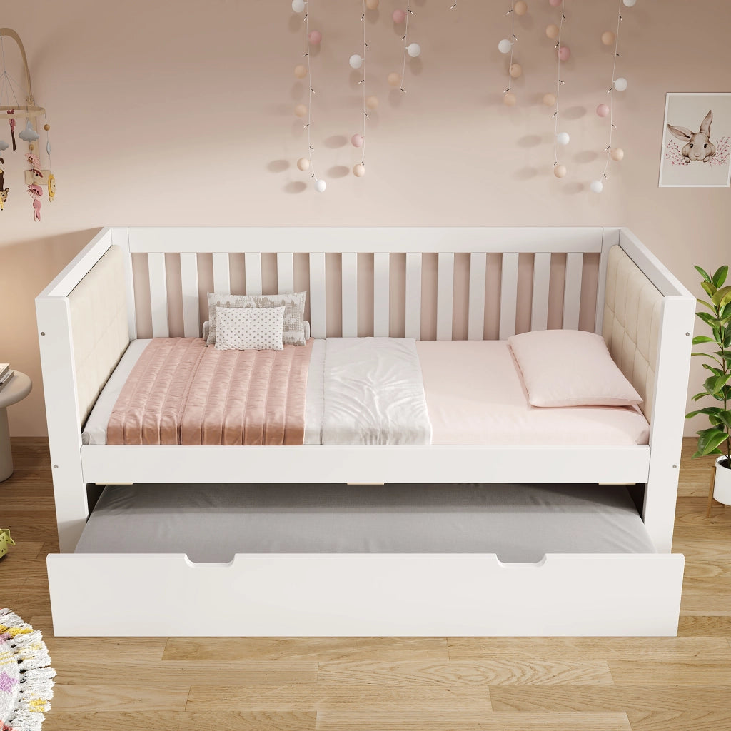 Daybed con letto estraibile 90 × 190 cm, schienale a tre lati, senza materasso, in legno, bianco