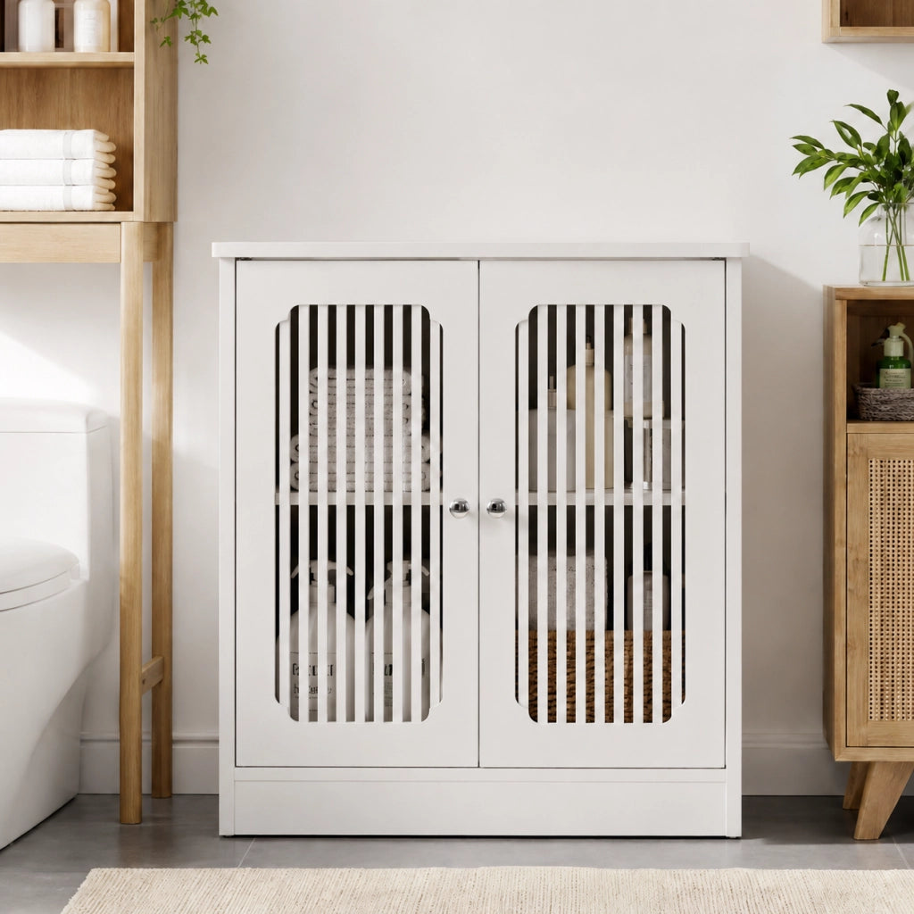 Mobile sottolavabo con 2 ante a lamelle e ripiano, in truciolato, per bagno e lavanderia, bianco, 70 × 35,3 × 14,5 cm