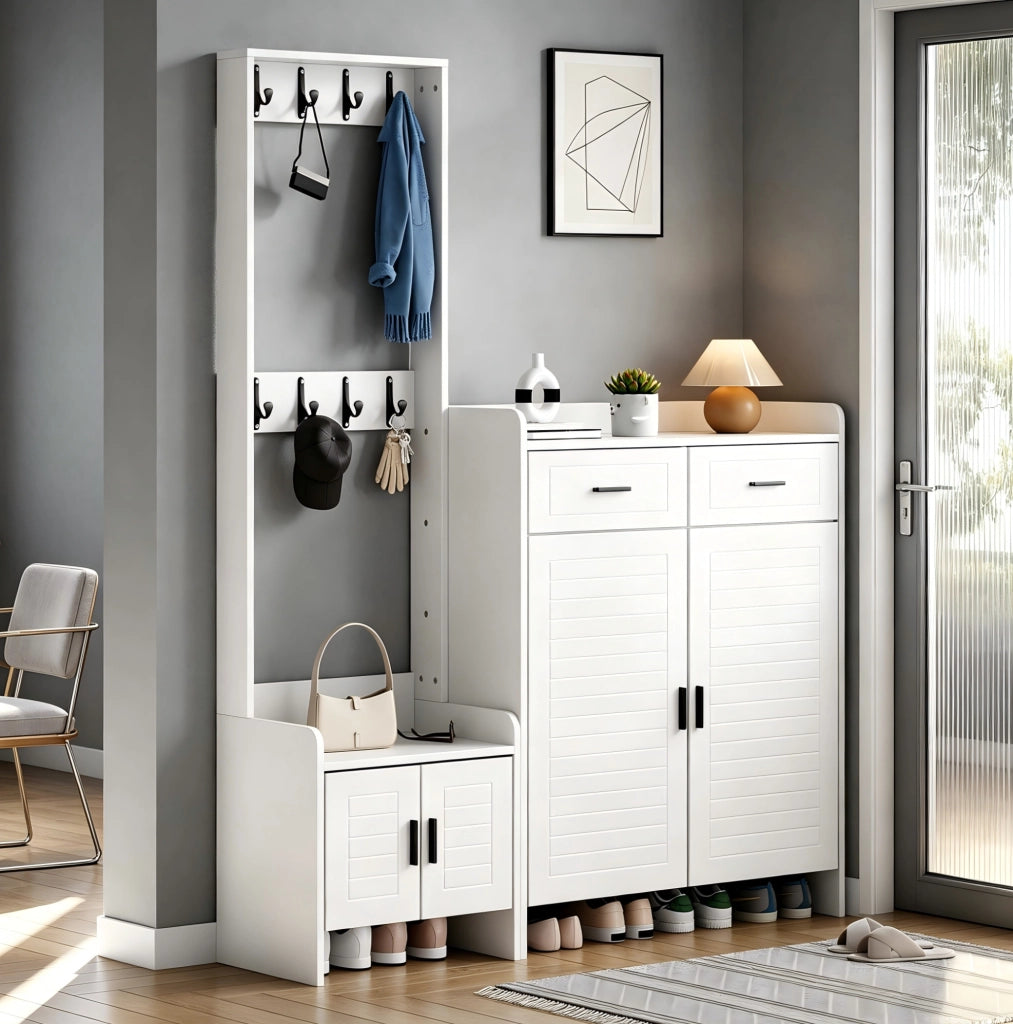 Mobile guardaroba da ingresso con 2 ante; 2 cassetti; 6 ripiani e 8 ganci; MDF; bianco; 125 x 36 x 165 cm