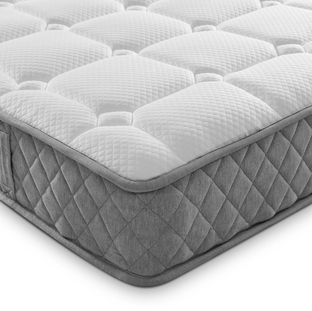 Letto matrimoniale 140x200 cm con LED; contenitore idraulico; testiera L in lino beige con materasso