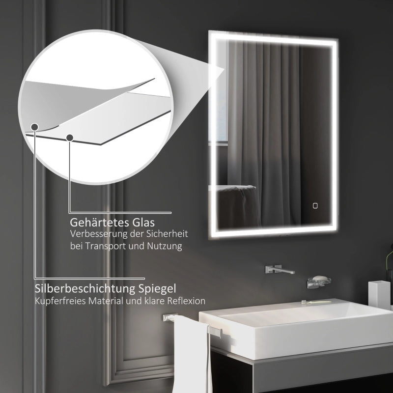 Specchio da bagno con illuminazione 90x70 cm, specchio a LED da parete con funzione memoria, 3 colori di luce, argento.
