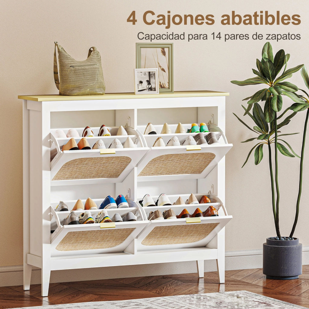 Mobile per Scarpe con 4 Ante in Rattan e Ripiani Regolabili ¨C Zephmum ¨C Bianco 105x24x95,5 cm