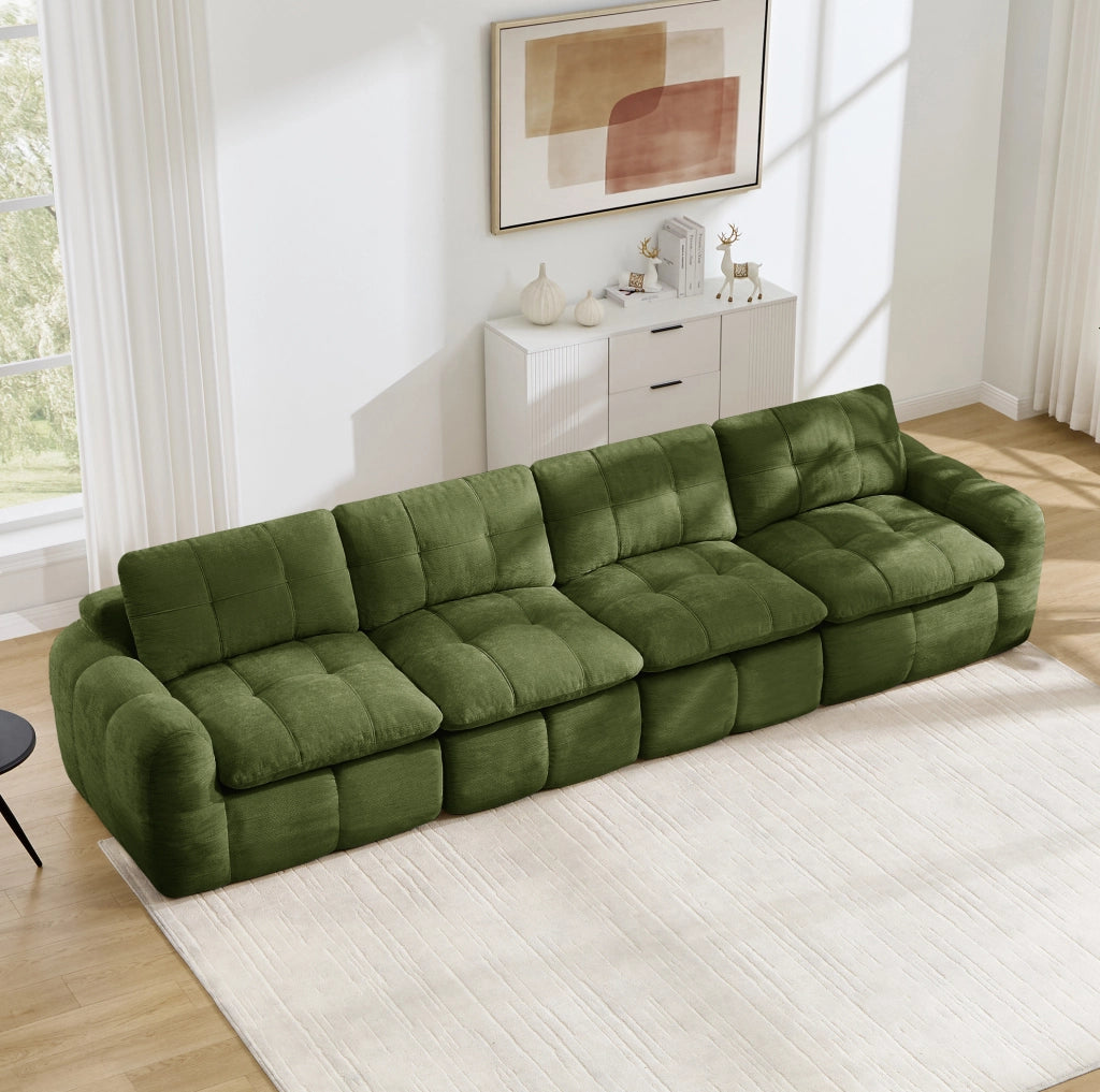 Divano modulare senza struttura 334x97x68 cm in chenille verde con seduta ampia e profonda
