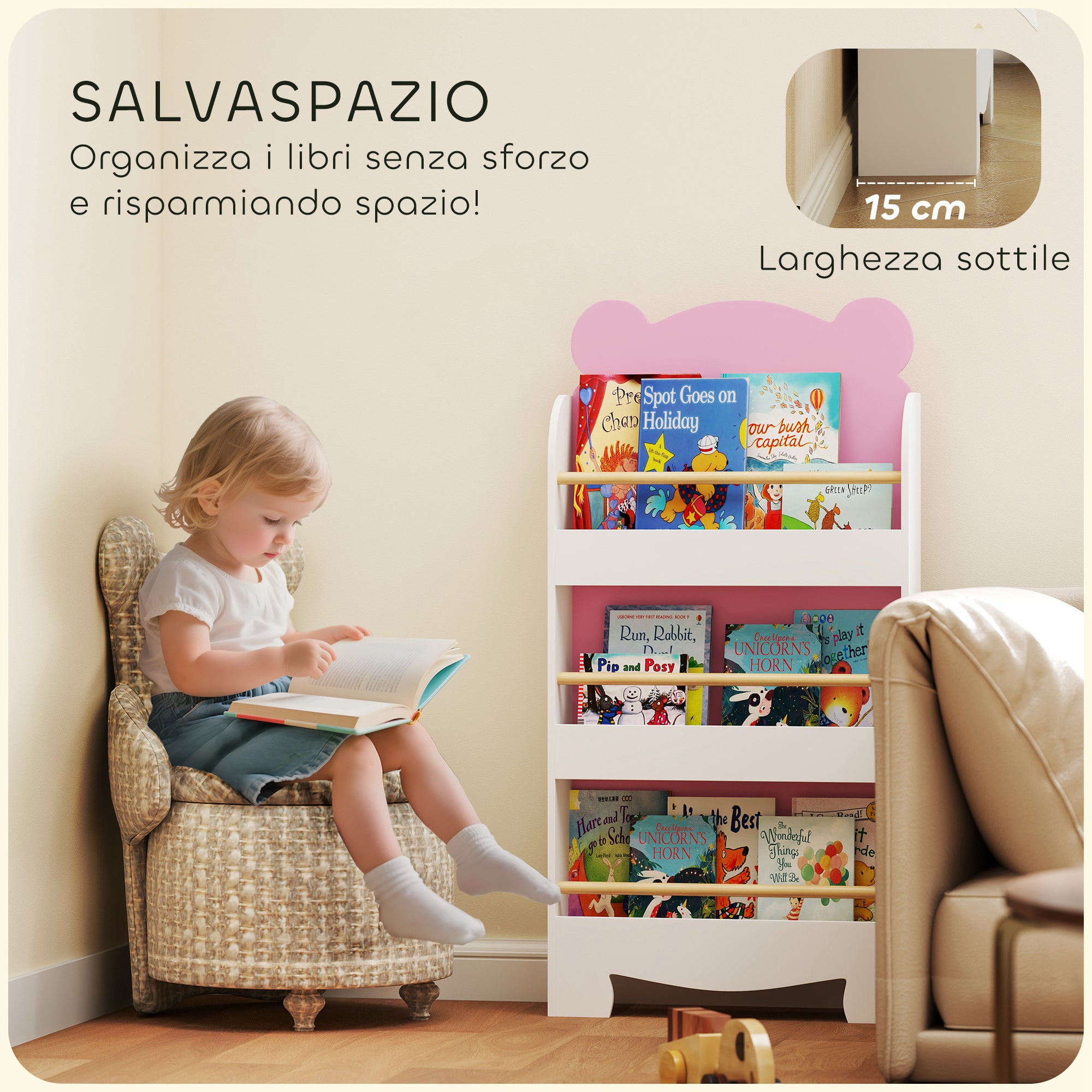 Libreria per Bambini 55x15x110 cm a Forma di Orsetto a 3 Ripiani con Barriere Frontali in MDF e Legno Rosa