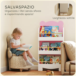 Libreria per Bambini 55x15x110 cm a Forma di Orsetto a 3 Ripiani con Barriere Frontali in MDF e Legno Rosa