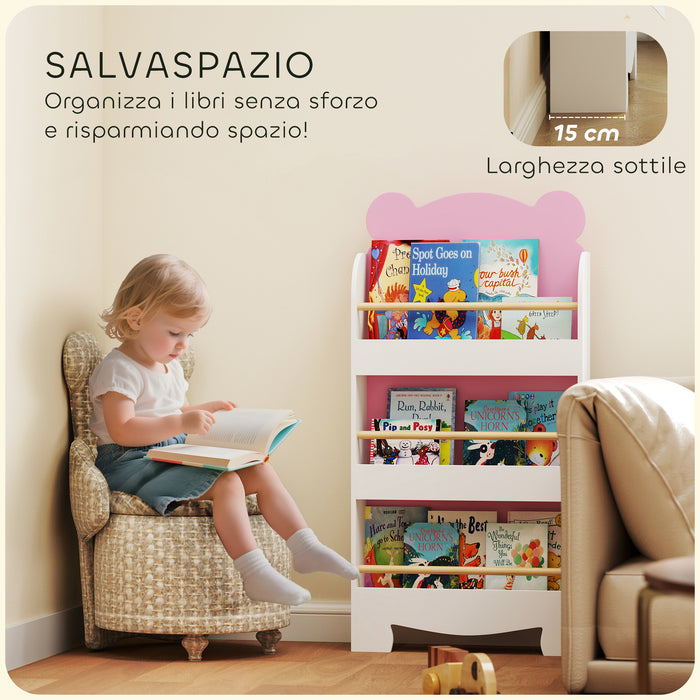 Libreria per Bambini 55x15x110 cm a Forma di Orsetto a 3 Ripiani con Barriere Frontali in MDF e Legno Rosa