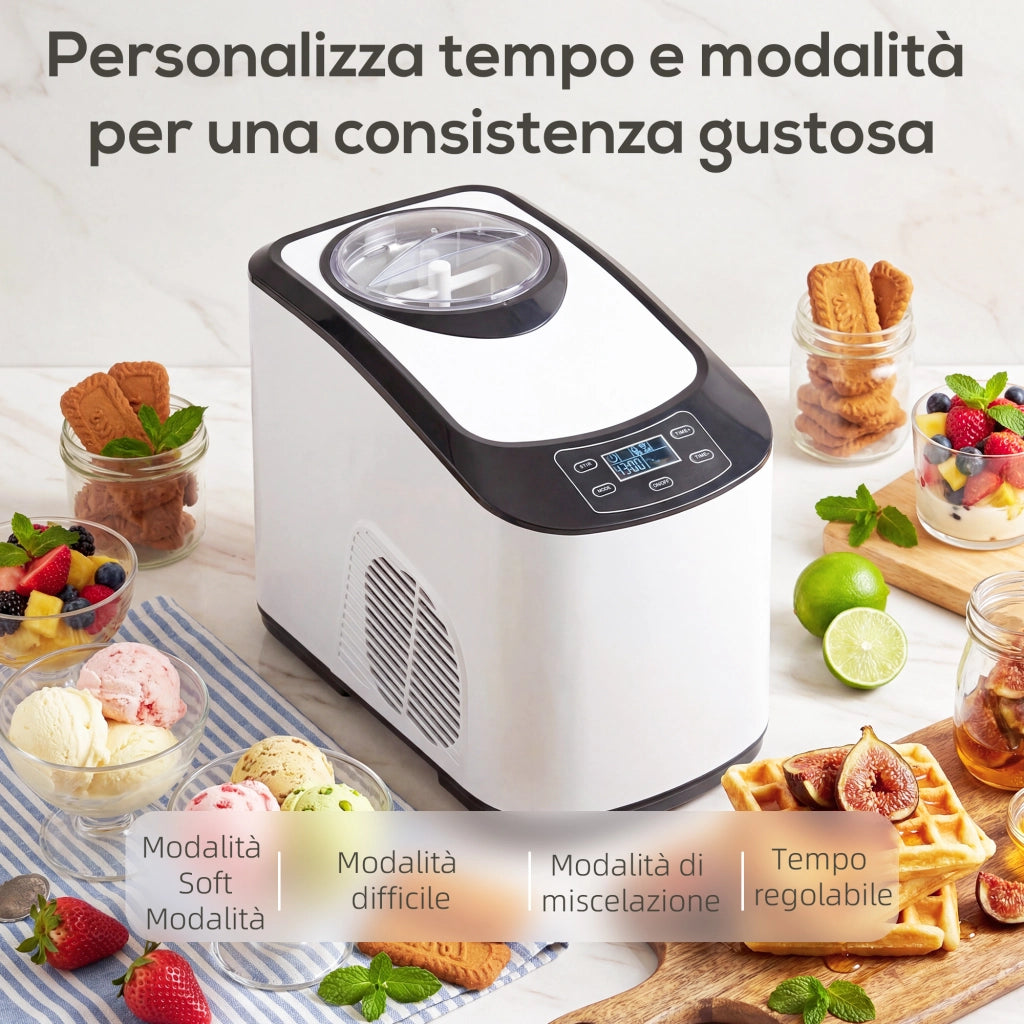 Gelatiera con Compressore Integrato 1,5L Modalità Morbida e Dura Funzione Auto-Mantenimento al Freddo Bianco