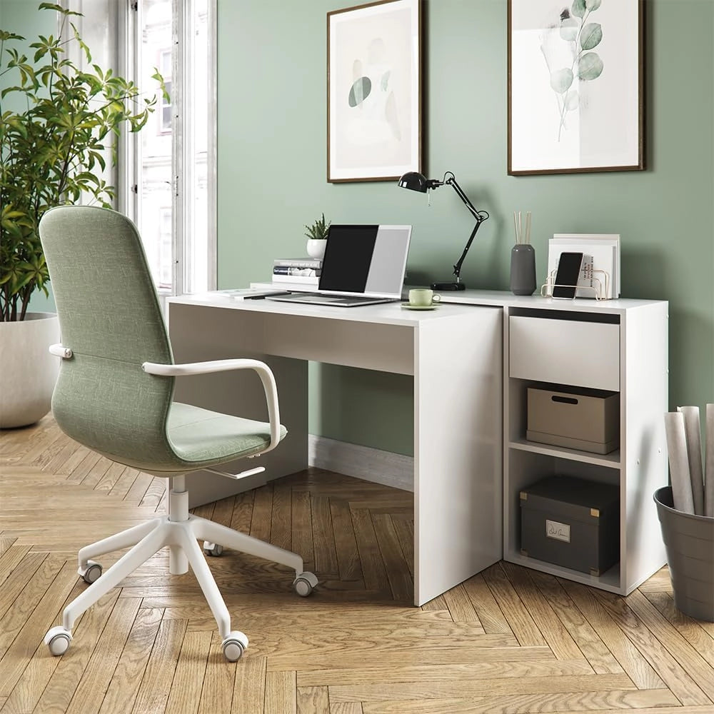 Scrivania Ben, Bianco, 145 x 46.4 cm, con piano di lavoro e ripiani aperti per l'organizzazione