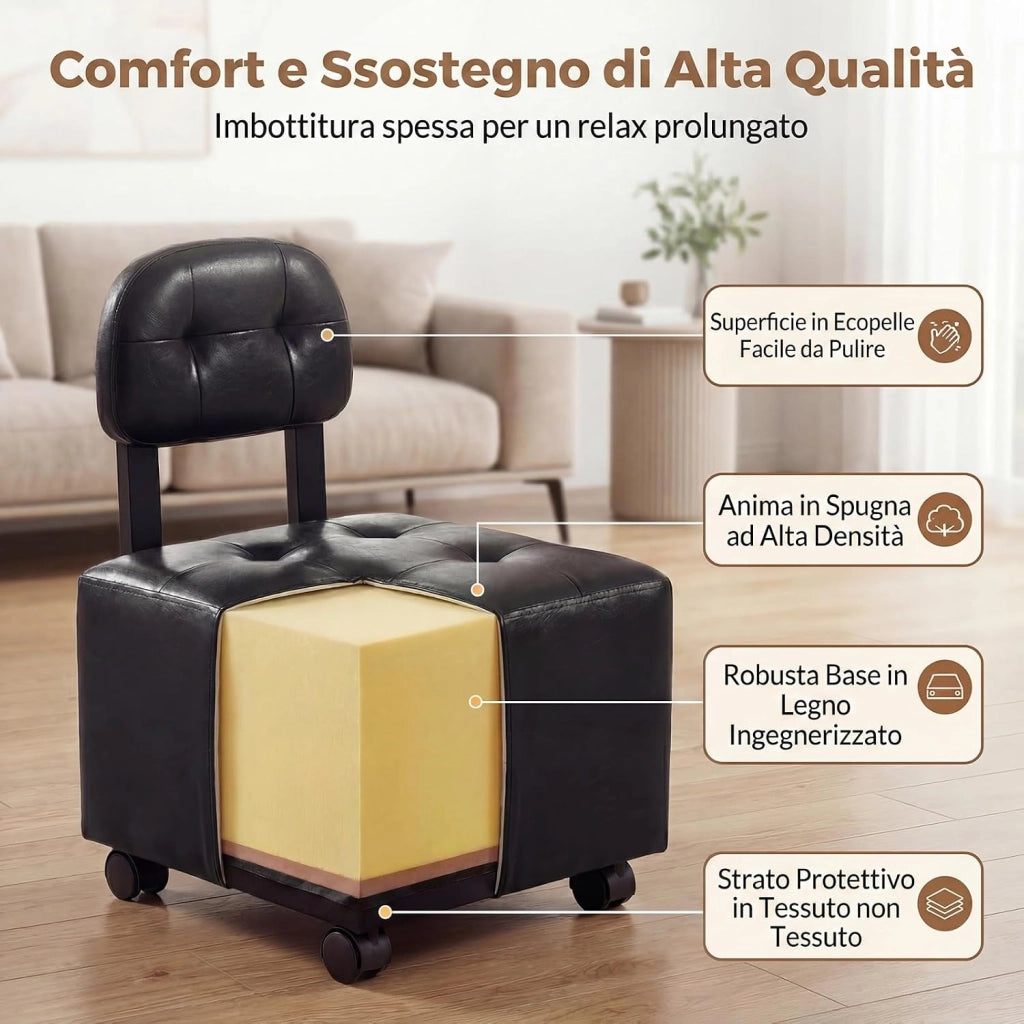Set 2 Sedie da Salotto con Schienale Trapuntato, 40 X 40 X 55 CM, Seduta Imbottita e 4 Ruote con Freno, Portata 150 KG, Sgabelli Impilabili in Finta Pelle per Soggiorno e Studio (Nero)