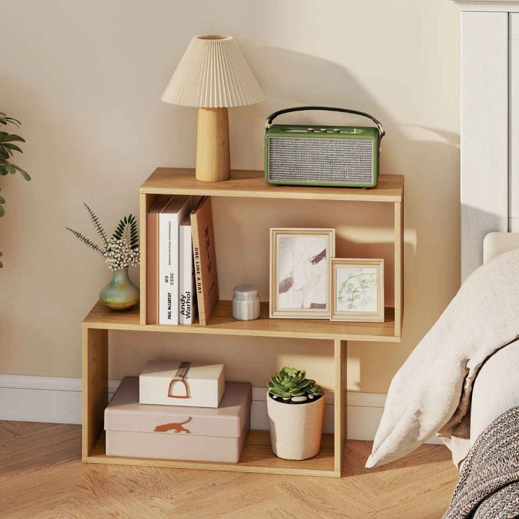 Libreria in legno autoportante con 2 scomparti cubici per esposizione e organizzazione, Libreria geometrica a 3 livelli Naturale
