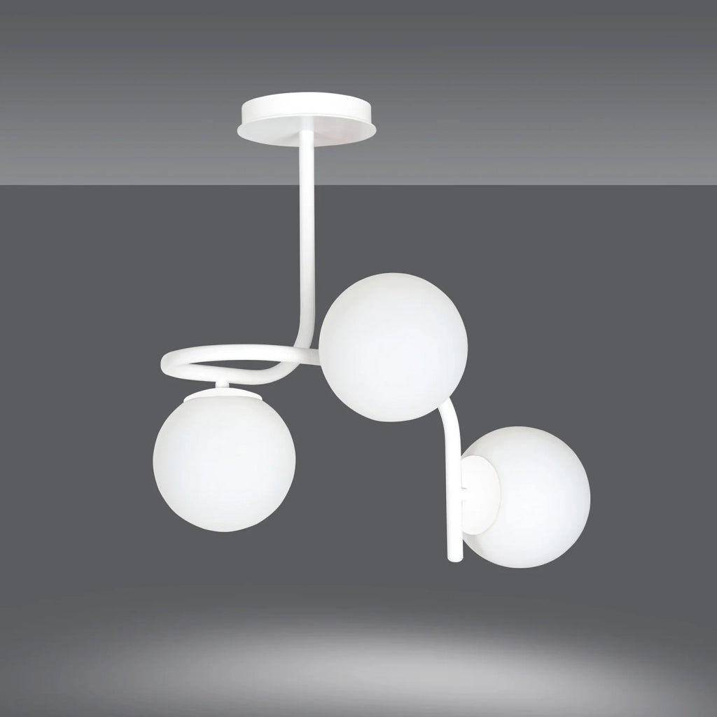 Lampadario 3 Luci Rama In Acciaio Bianco A Bracci E Sfere In Vetro Opalino