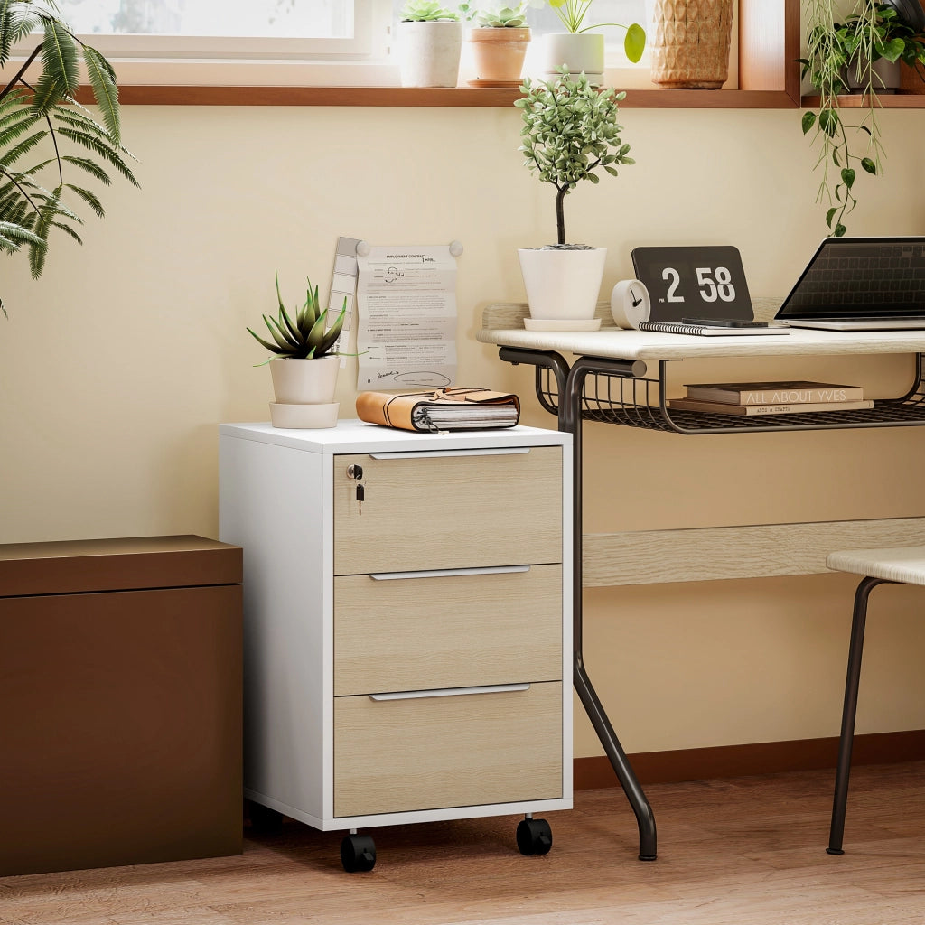 Cassettiera Ufficio con 3 Cassetti e 4 Ruote ¨C Zephmum ¨C Bianco e Rovere 60x40x70 cm