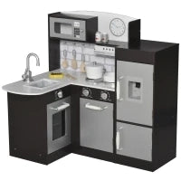 Cucina Giocattolo per Bambini in Legno con 14 Accessori, Forno, Lavandino, Frigo e Microonde, Età 3+ Anni, 86x64x84.5cm, Argento e Marrone