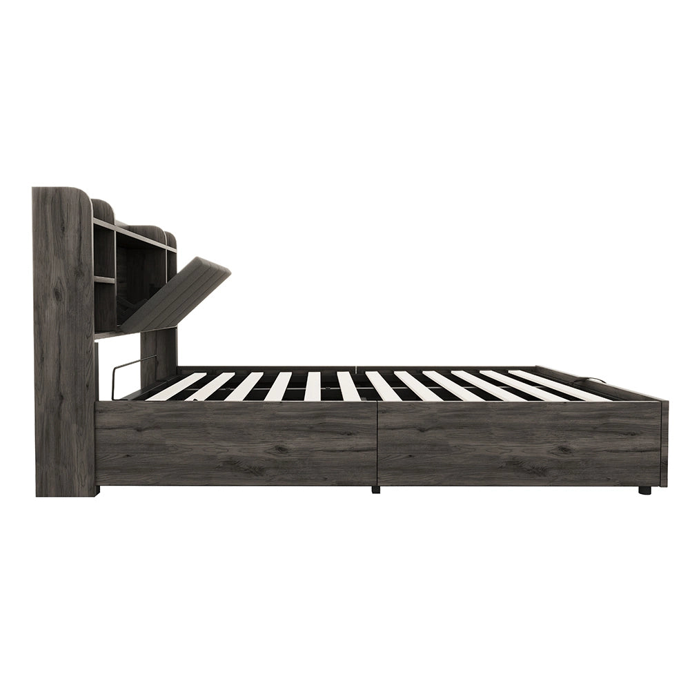 Letto-Xylo-140x200 cm-idraulico, USB-C, testiera con ripiano, grigio
