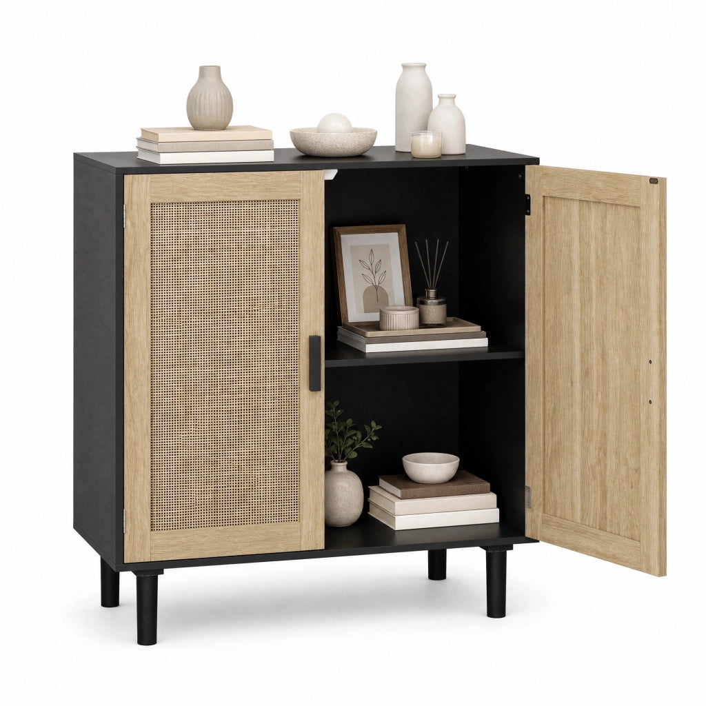 Mobile contenitore a 2 ante in rattan con 2 vani aperti e maniglie in legno; per salotto e ingresso; nero; 80 × 40 × 88 cm