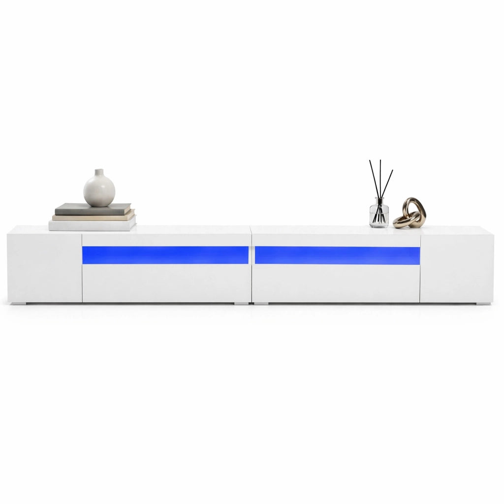 Mobile TV moderno bianco 240 cm con illuminazione LED variabile, struttura in MDF e design simmetrico