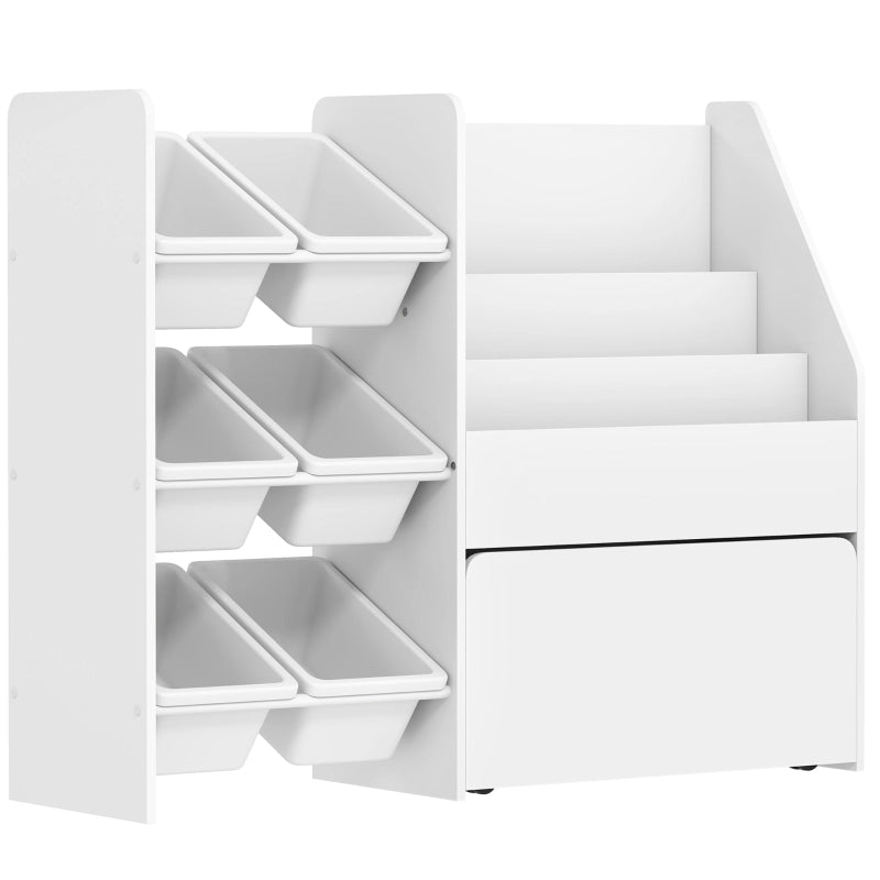 Scaffale per bambini con 6 contenitori estraibili, libreria e box su ruote, bianco