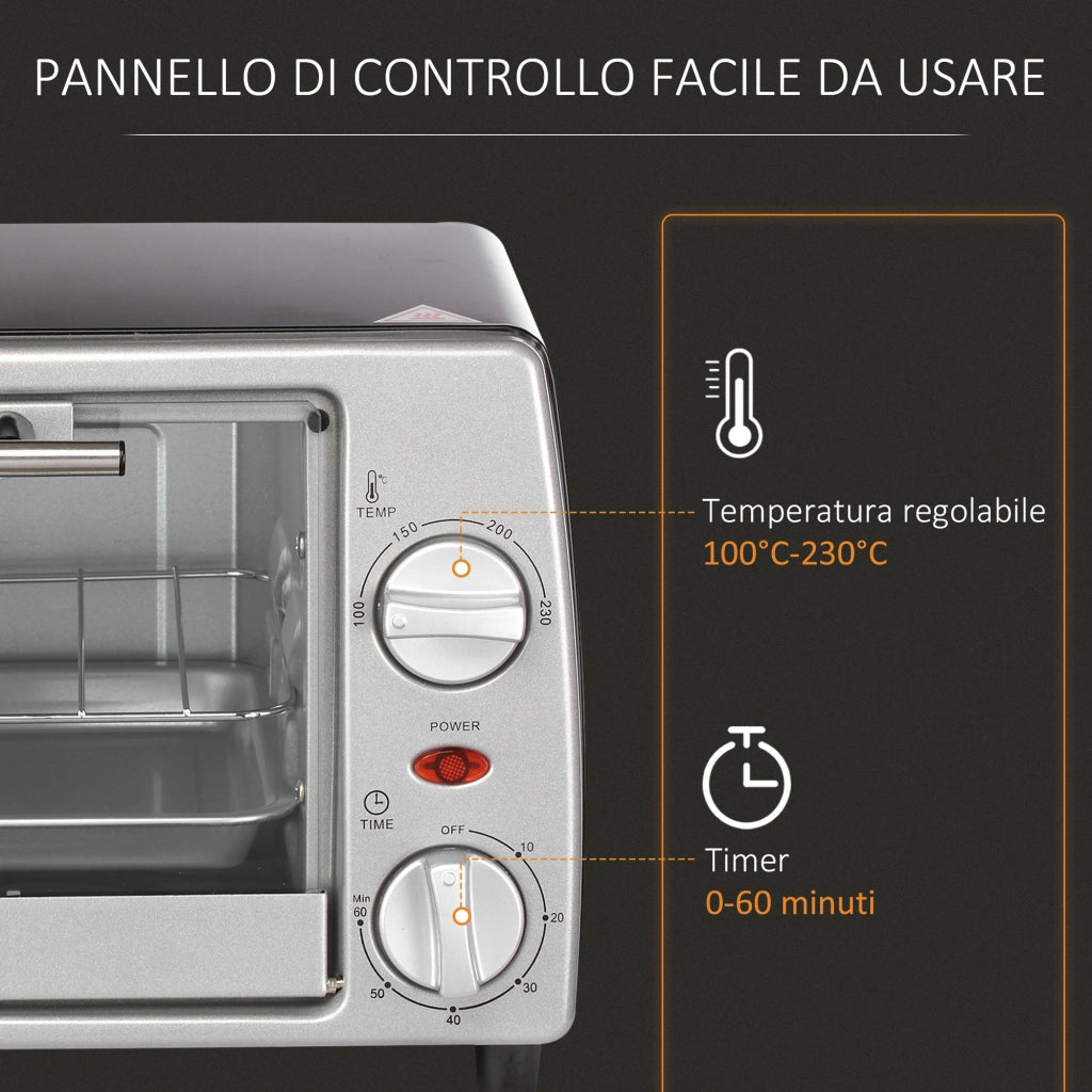 EasyComfort Fornetto Elettrico 10L Temperatura Regolabile e Timer, Griglia e Teglia Incluse, 750W, 36.5x26x22cm, Argento Nero