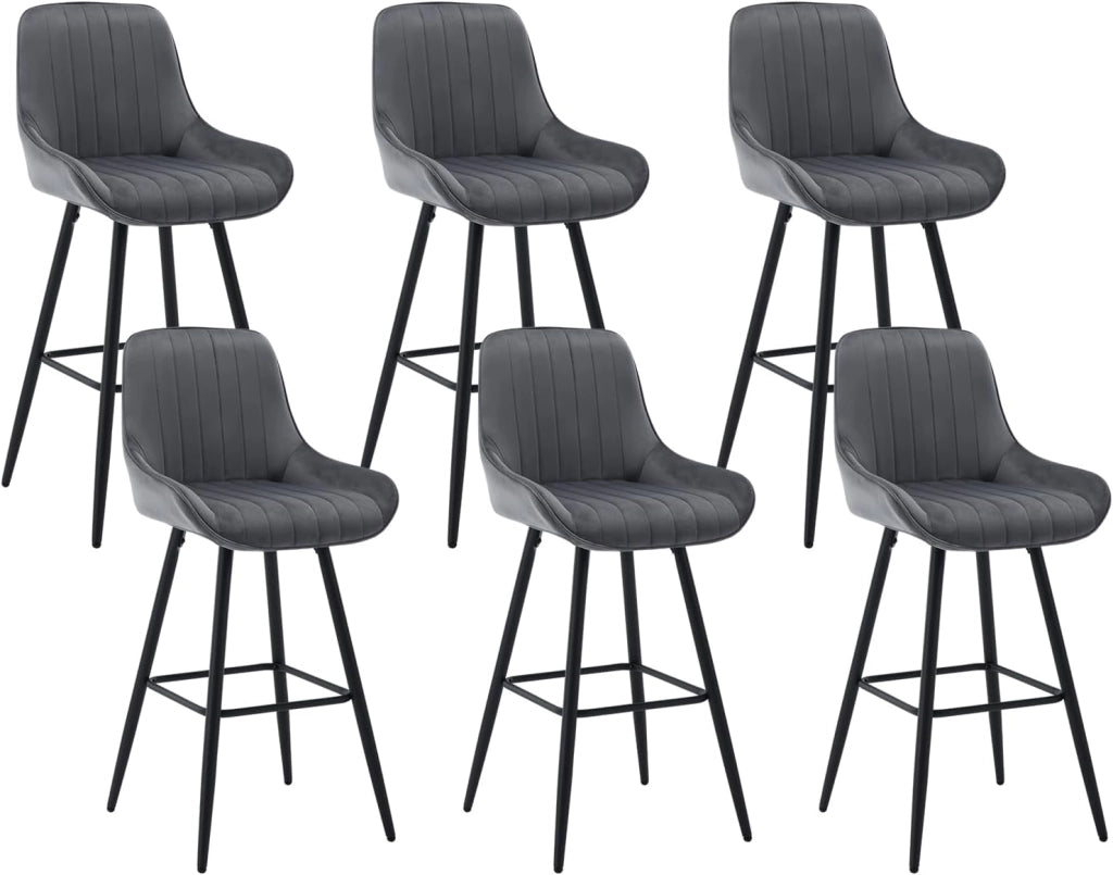6 Sgabelli Alti da Bar con Schienale, Sedie Moderne con Poggiapiedi Quadrato, Sedie in Velluto Ergonomiche per Bistrot, Altezza Sedile 71cm, Gmabe in Metallo, Grigio scuro, BH394dgr-6