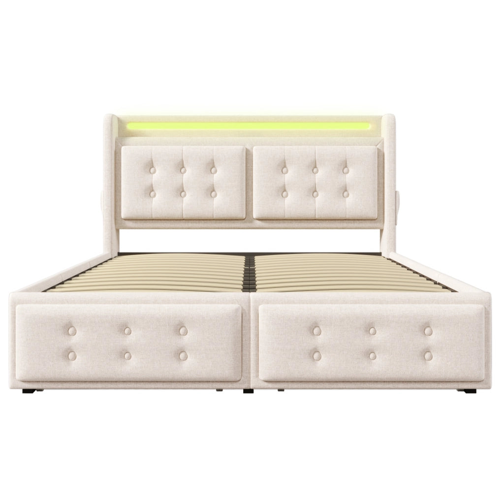 Letto imbottito 140x200 cm con LED; porte USB e USB-C; 4 cassetti; beige in tessuto cotone e lino