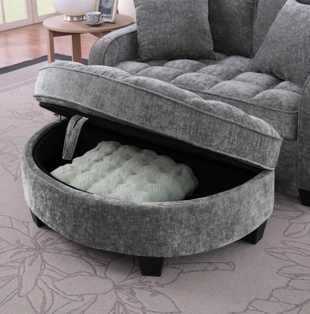 Divano letto 132x129x93 cm convertibile con pouf contenitore in eucalipto grigio scuro