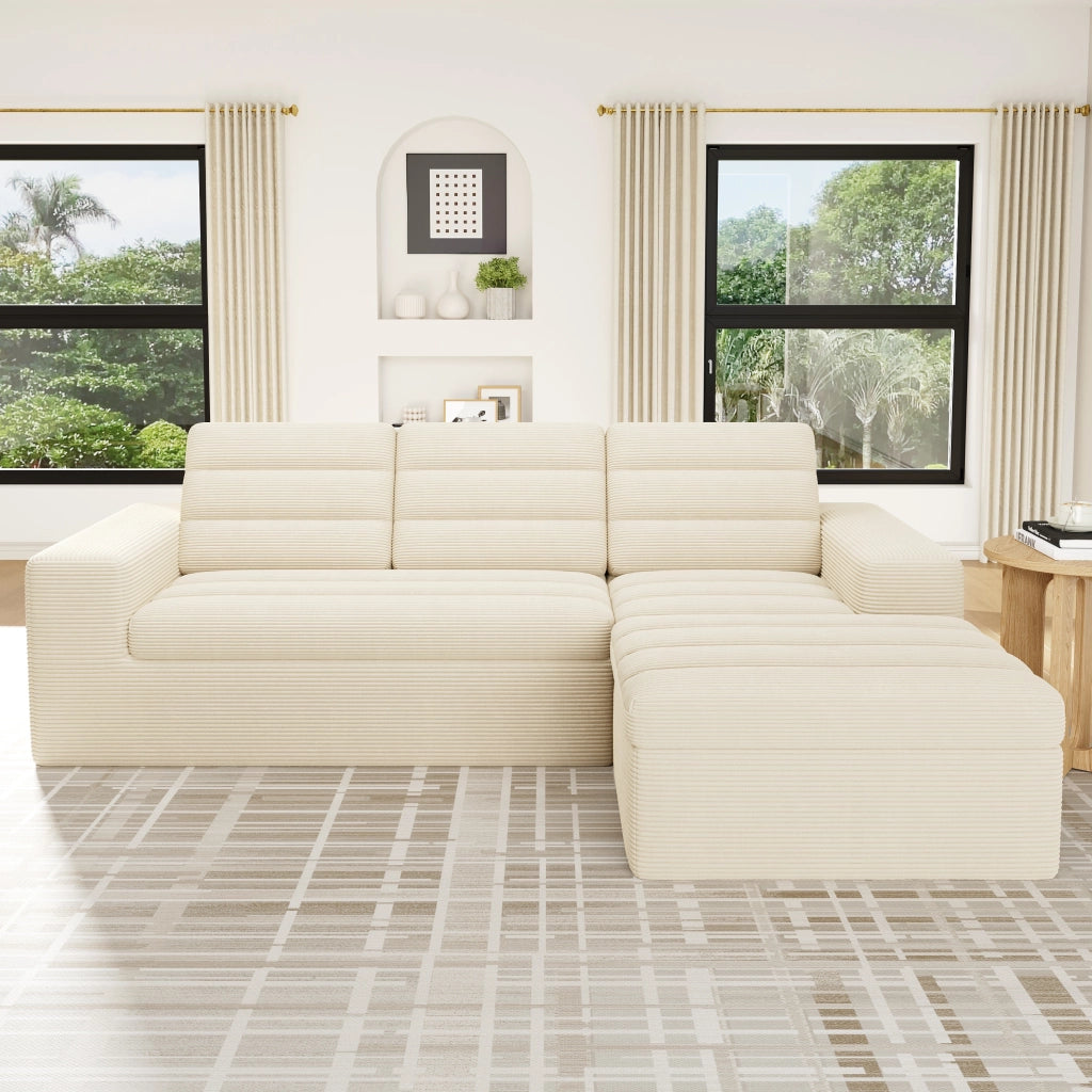Divano angolare modulare a L senza telaio con sedute componibili in velluto a coste beige 253 × 161 × 89 cm