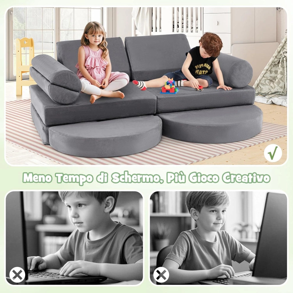 Divano in stile Block 13 Pezzi per Bambini, Divanetto Convertibile per Asilo, Cameretta e Soggiorno, Cuscini Bambini Gioco Blocchi (Grigio)