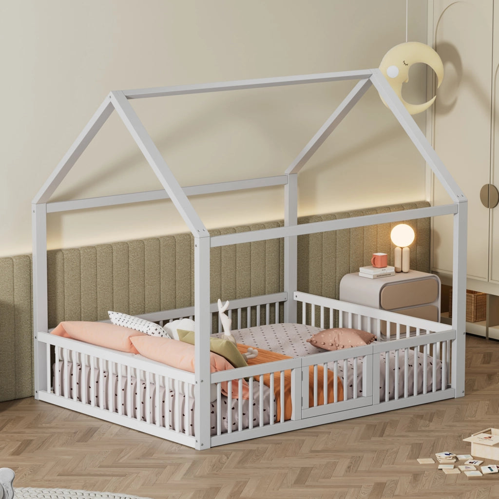 OKWISH Letto a casetta 140×200 cm, Letto Matrimoniale con Sponde di Sicurezza, Porticina e 15 Doghe, senza Materasso, in Pino, Bianco