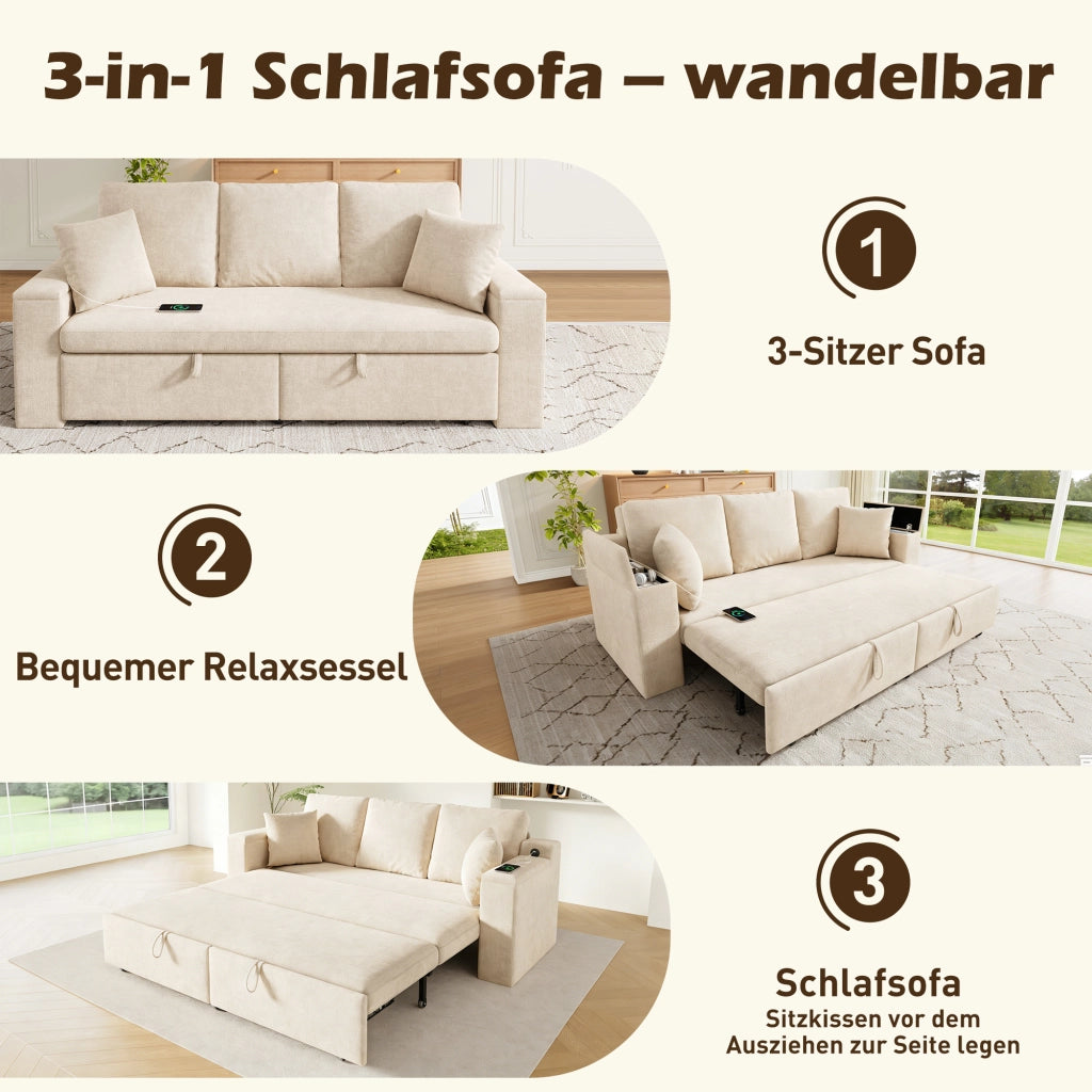 Divano letto modulare a 3 posti con funzione letto, porta USB e Type-C, vani contenitore, in chenille beige