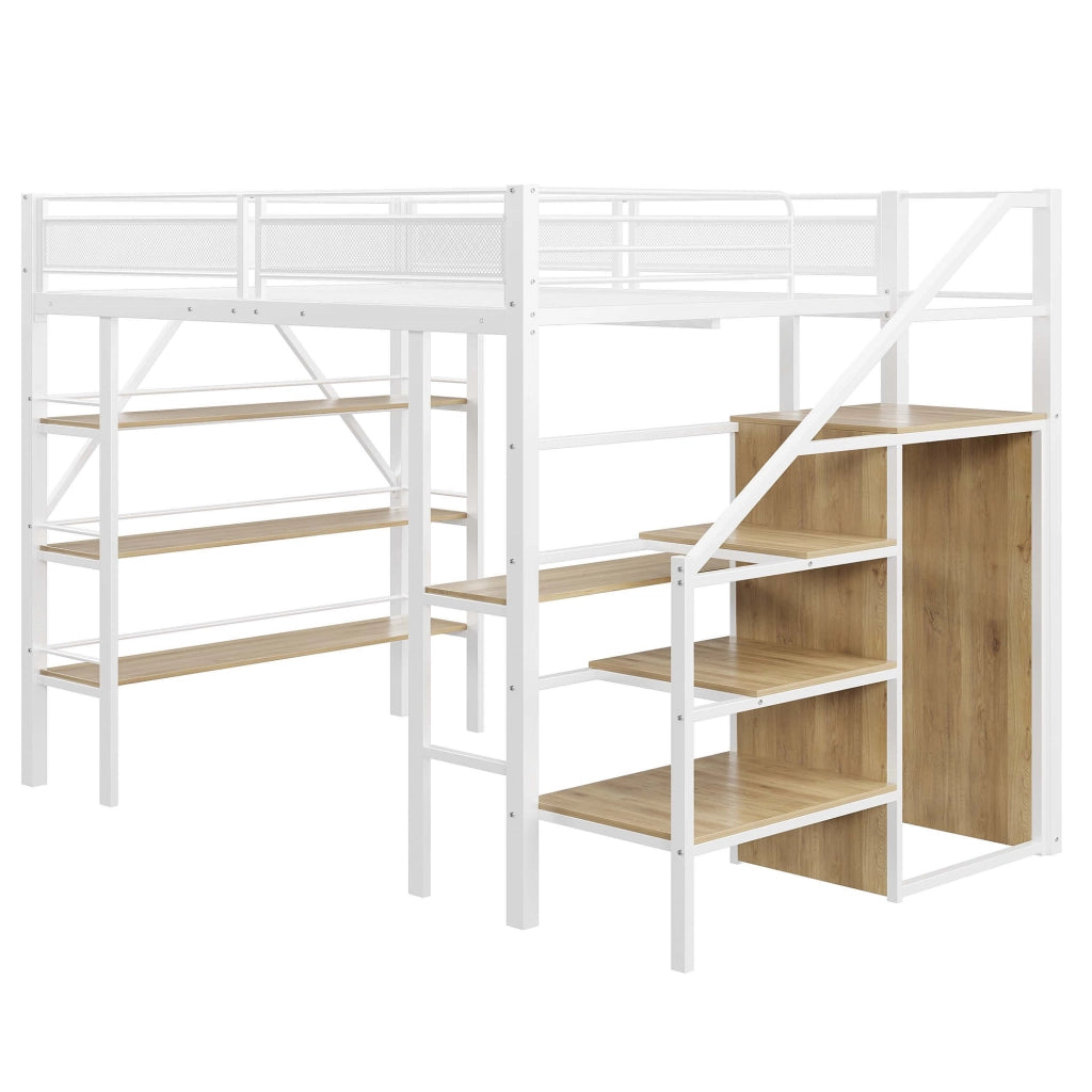 Letto a soppalco 140x200 cm con scrivania, libreria a tre livelli e armadio integrato, struttura in metallo, bianco