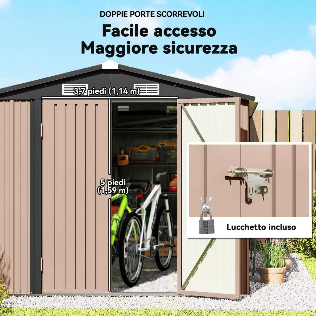 Capanno da Giardino in Metallo 364 x 238 cm con 4 Prese d'Aria e Porte Doppie con Serratura, Marrone