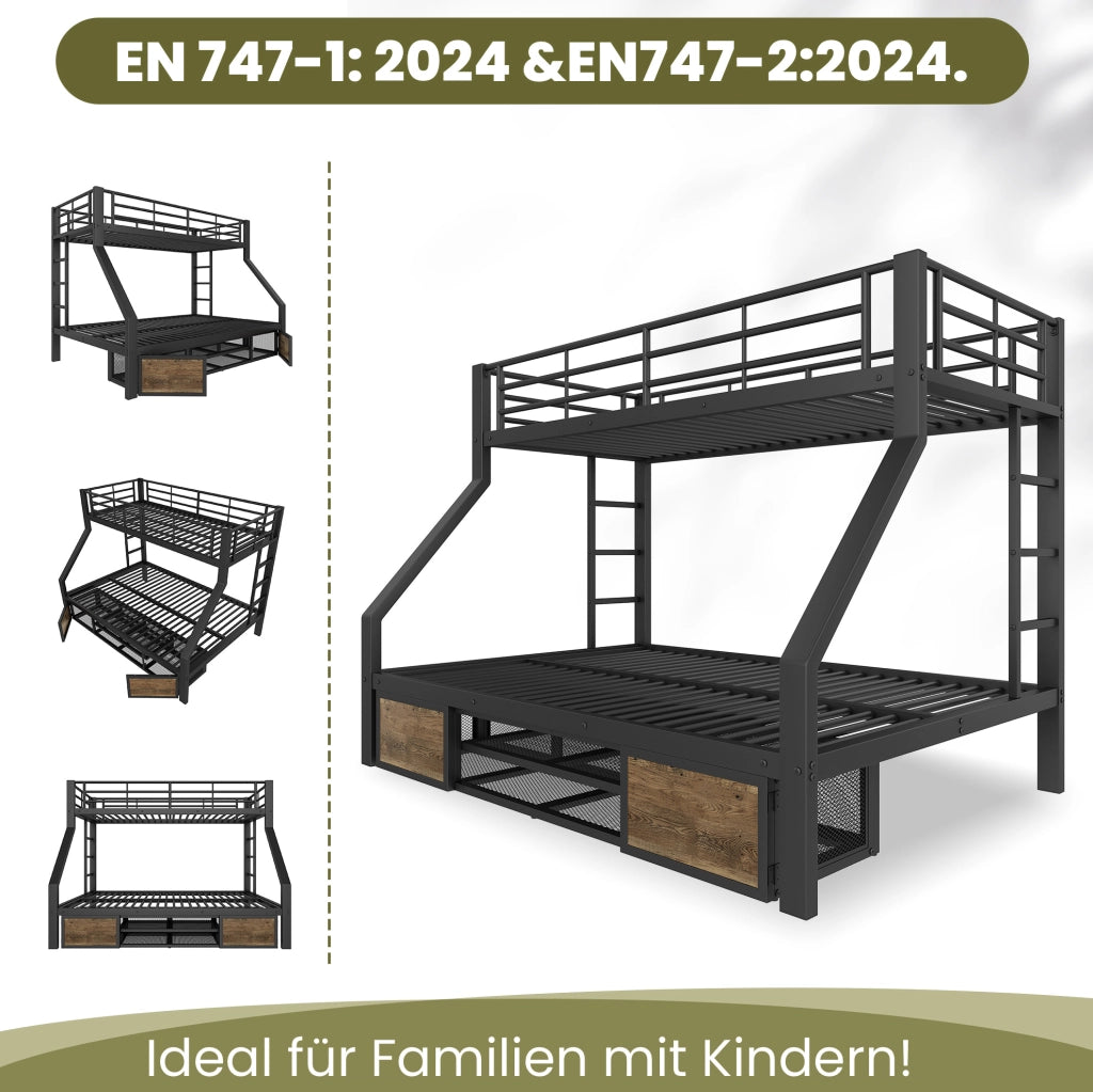 Letto a castello per bambini con scarpiera; vani contenitore; scala; 90x200/140x200 cm; nero