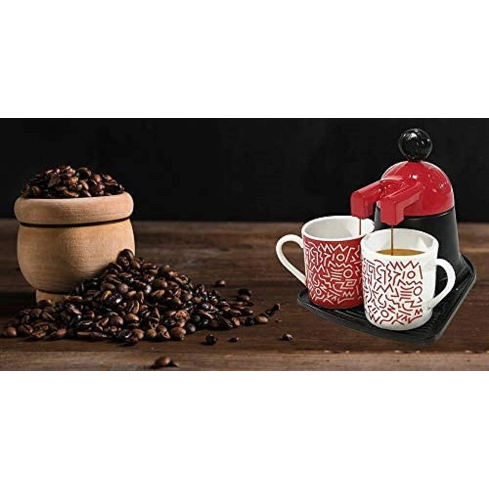 Trade Shop - Caffettiera Mini Express Con 2 Tazze In Ceramica Caffe' Colori Assortiti -