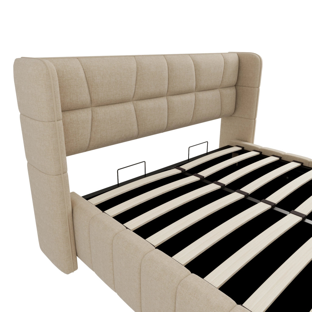 Letto contenitore 140 × 200 cm con vano sollevabile, senza materasso, in tessuto, beige