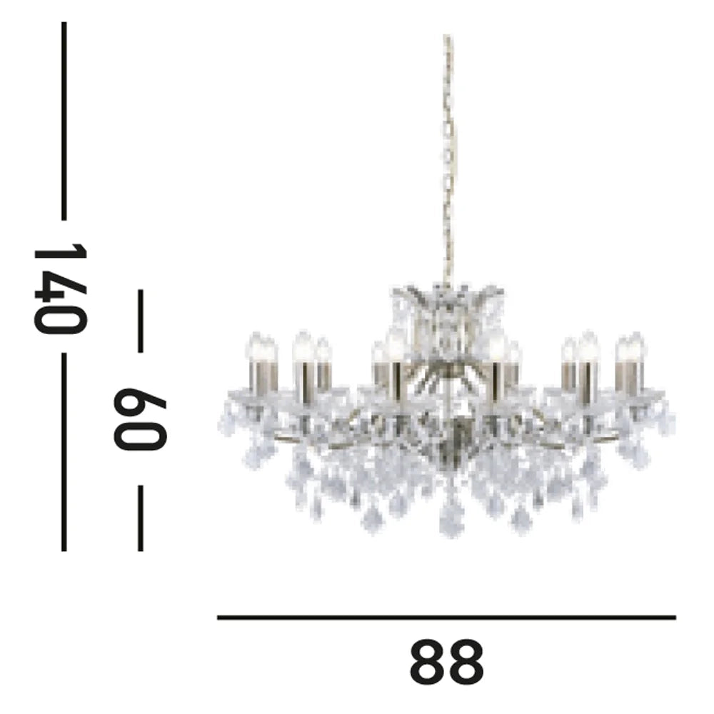 Lampadario Classico Parigi Acciaio Ottone Vetro Trasparente 12 Luci E14