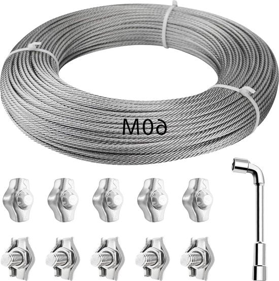Cavo in acciaio inossidabile 60m con morsetti - cavo imbullonato - chiave a stella - corda per tende - filo per asciugatura - corda per piante - corda per tenda - illuminazione