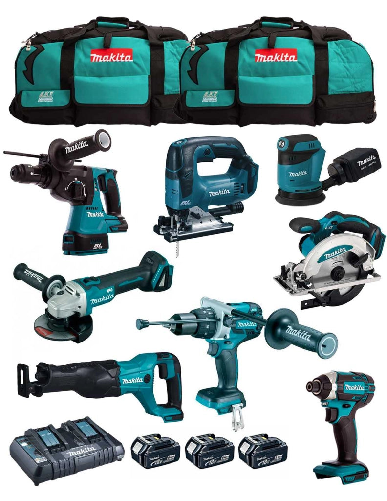 MAKITA Kit MK802 (DHP481 + DHR243 + DGA504 + DTD152 + DJV182 + DSS610 + DJR186 + DBO180 + 3 x 5,0 Ah + DC18RD + 2 x LXT600)