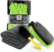 Set di pulizia autoveicoli 4 pezzi - Kit di pulizia con 2 spazzole microfibra, guanto da lavaggio multifunzionale 3 in 1 e spazzola per ruote, per una pulizia approfondita di veicoli/biciclette