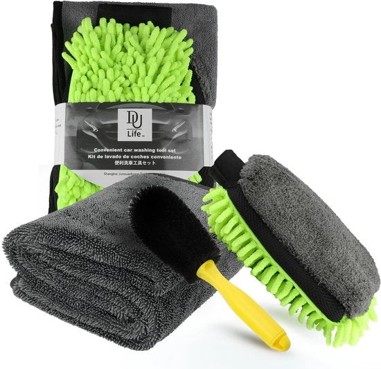 Set di pulizia autoveicoli 4 pezzi - Kit di pulizia con 2 spazzole microfibra, guanto da lavaggio multifunzionale 3 in 1 e spazzola per ruote, per una pulizia approfondita di veicoli/biciclette