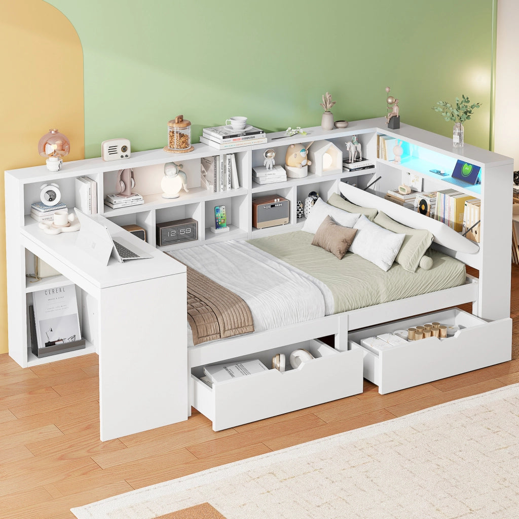 Letto a piattaforma 90x200 cm con scrivania; libreria e LED bianco