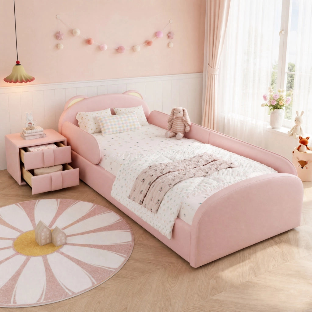 Letto singolo imbottito per bambini rosa 90x200 cm con comodino
