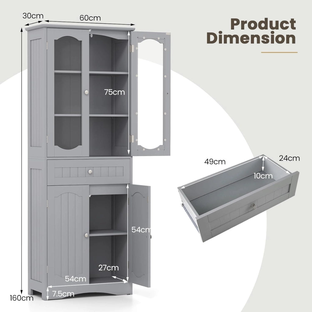 Mobile da Bagno a Terra, Armadietto da Bagno Alto, Mobiletto da Bagno Moderno, con 4 Ante in Vetro e 1 Cassetto, Ripiani Regolabili in Altezza, Ampio Spazio di Stoccaggio per Casa (Grigio)