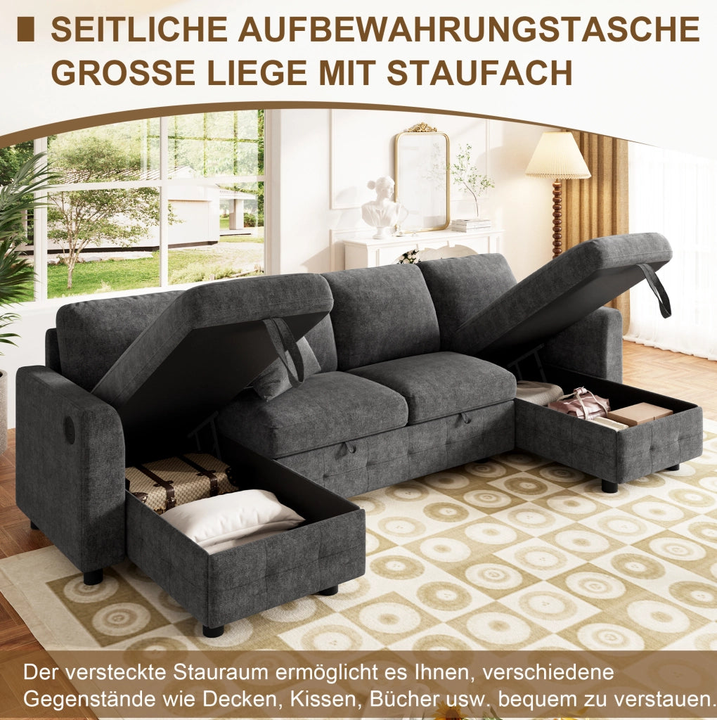 Divano letto modulare in chenille con contenitore e ricarica integrata