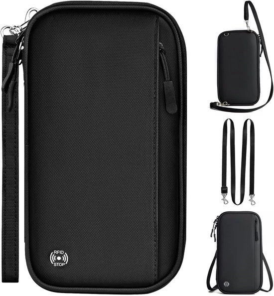 Borsa di Viaggio per Famiglia - Copertura Passaporto con Blocco RFID - Organizzatore da Portare per Carte di Credito - Documenti di Viaggio - Carta di Identità - Nero - Moderno