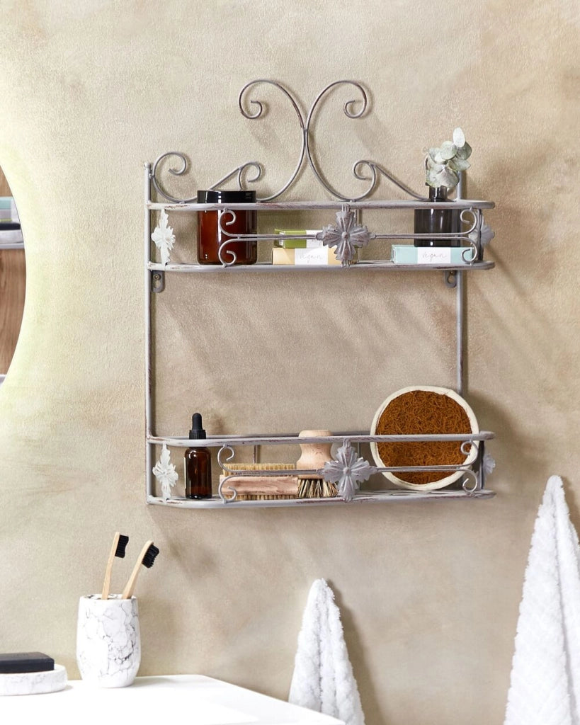 Mensola da parete per bagno in metallo bianco 52 x 42 cm Ripiano singolo sospeso in stile vintage effetto anticato